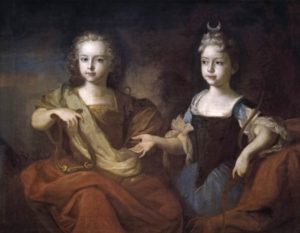 Внуки Петра I Пётр и Наталья в детстве, в образе Аполлона и Дианы. (Худ. Луи Каравак, 1722)